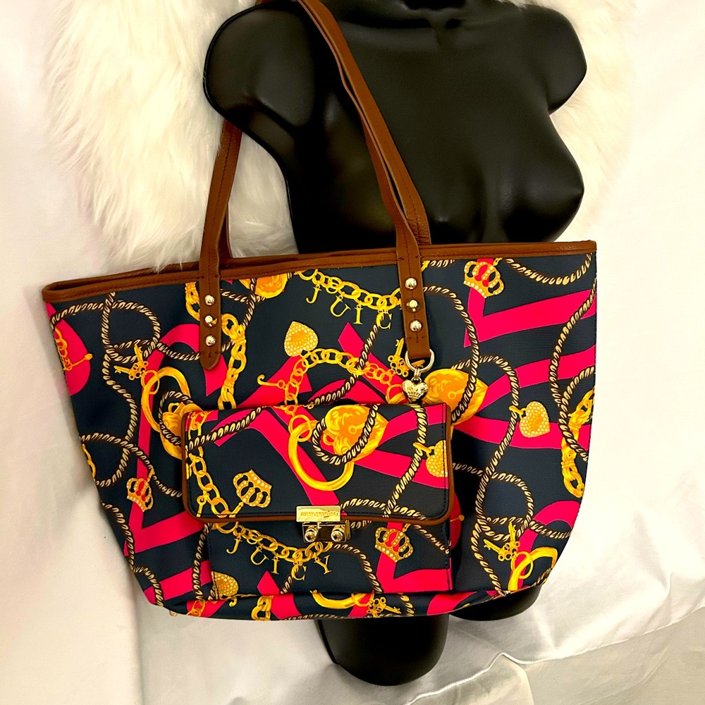 Juicy Couture shoulder bag. Dark blue background with pink and yellow vintage